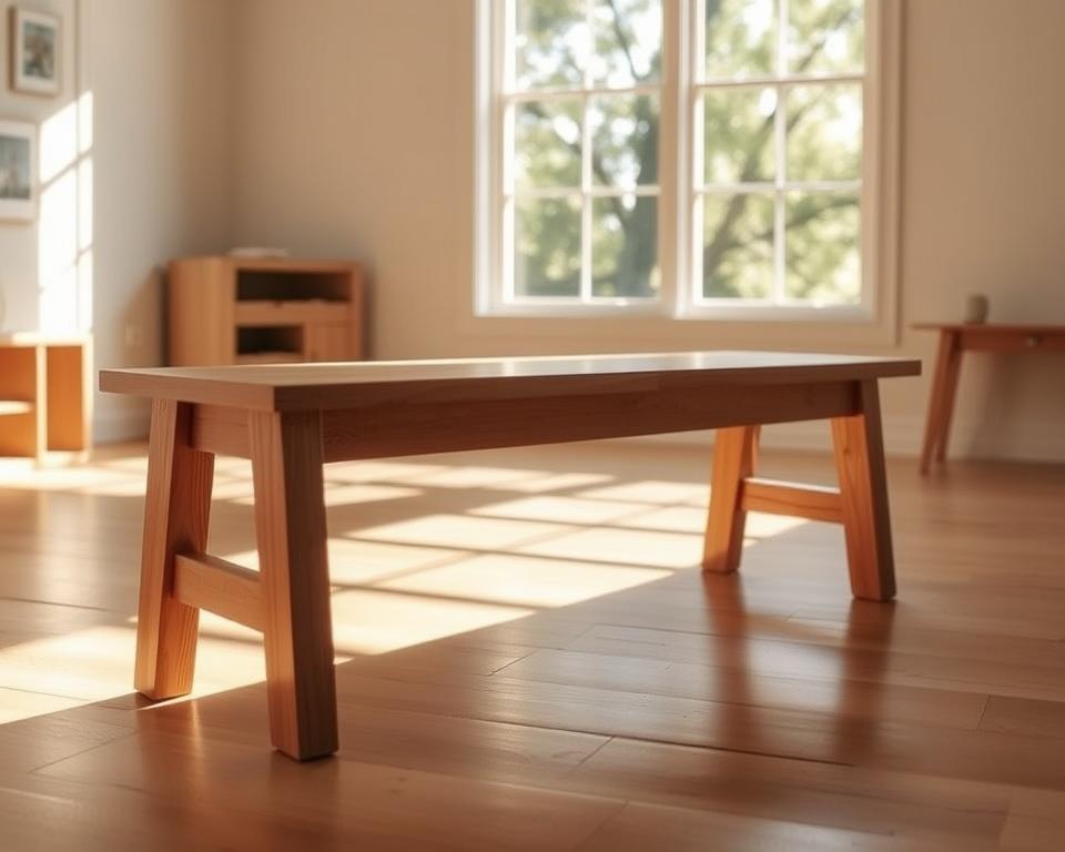 A beautifully crafted wooden bench with a modern, minimalist design, standing in a well-lit, airy room with natural wood flooring and soft, indirect lighting. The bench features clean lines, a smooth surface, and subtle details that add visual interest. In the background, a large window allows natural light to flood the space, casting warm, golden tones on the wood. The overall atmosphere is one of simplicity, functionality, and a touch of rustic charm, perfectly suited for a beginner-friendly wood project. A beautifully crafted wooden bench with a modern, minimalist design, standing in a well-lit, airy room with natural wood flooring and soft, indirect lighting. The bench features clean lines, a smooth surface, and subtle details that add visual interest. In the background, a large window allows natural light to flood the space, casting warm, golden tones on the wood. The overall atmosphere is one of simplicity, functionality, and a touch of rustic charm, perfectly suited for a beginner-friendly wood project.