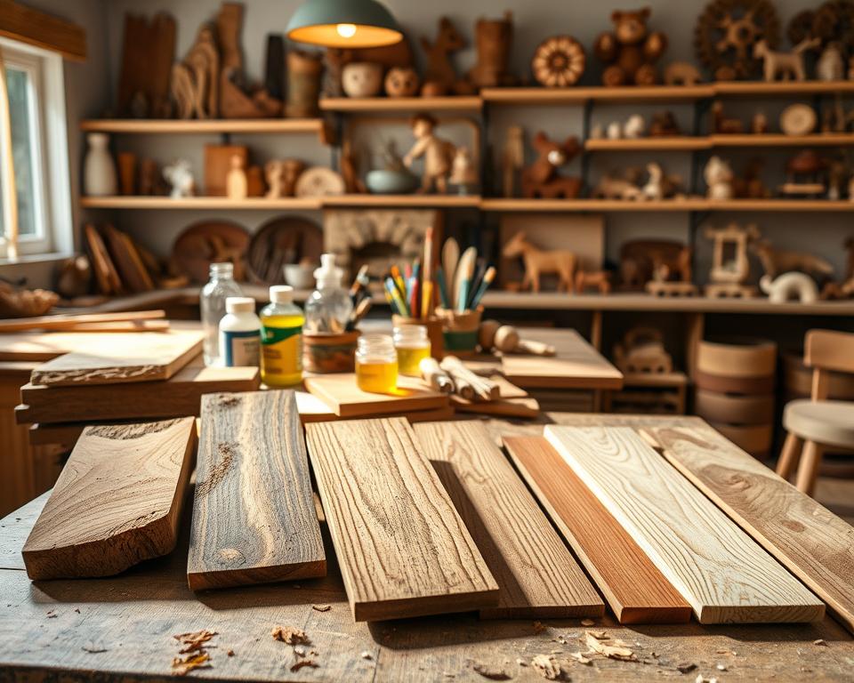 A brightly lit, cozy workshop scene showcasing various wood finishes suitable for kids' projects. In the foreground, an array of textured wooden samples - smooth maple, rustic oak, and vibrant cherry - arranged on a weathered workbench. Soft shadows cast by a warm overhead light create depth and dimension. In the middle ground, a selection of kid-friendly finishing tools like beeswax, natural oil, and plant-based dyes. The background features shelves filled with an assortment of whimsical, handcrafted wooden toys and décor, hinting at the creative possibilities. The overall atmosphere is one of warmth, tactility, and child-like wonder, inviting the viewer to explore the joys of working with wood.