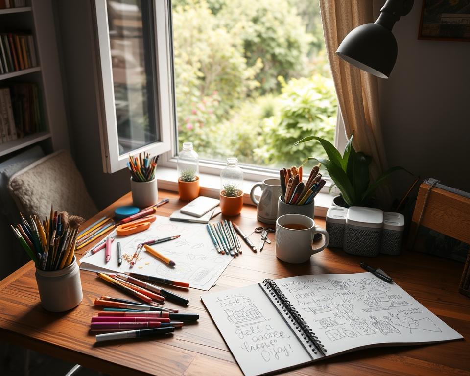 A cozy home workspace, with an open wooden desk overlooking a window that frames a tranquil garden scene. On the desk, an array of craft supplies - colorful markers, paintbrushes, scissors, and sheets of patterned paper. Nearby, a mug of steaming tea and a sketchpad filled with doodles and half-formed ideas. Soft, natural lighting filters in, casting a warm glow and inviting contemplation. The overall atmosphere is one of focused creativity and leisurely weekend inspiration, setting the stage for a productive and fulfilling crafting session. A cozy home workspace, with an open wooden desk overlooking a window that frames a tranquil garden scene. On the desk, an array of craft supplies - colorful markers, paintbrushes, scissors, and sheets of patterned paper. Nearby, a mug of steaming tea and a sketchpad filled with doodles and half-formed ideas. Soft, natural lighting filters in, casting a warm glow and inviting contemplation. The overall atmosphere is one of focused creativity and leisurely weekend inspiration, setting the stage for a productive and fulfilling crafting session.