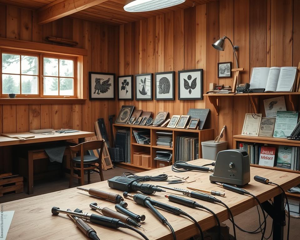 A cozy wood-paneled workshop, well-lit with natural sunlight streaming through large windows. In the foreground, a workbench showcases various wood-burning tools - soldering irons, burners, and a small pyrography machine. Arranged neatly, they convey a sense of order and safety. In the middle ground, a series of framed wood-burned art pieces hang on the walls, each with intricate designs and patterns. The background features a bookshelf filled with woodworking guides and safety manuals, emphasizing the importance of education and responsible practices. The overall atmosphere is one of focused creativity, complemented by an undercurrent of caution and attention to detail.