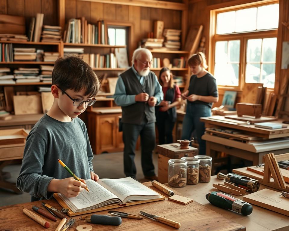 A cozy woodworking workshop, well-lit by natural light streaming through large windows. In the foreground, a young student intently studying a woodworking manual, pencil in hand, surrounded by an array of hand tools neatly organized on a workbench. In the middle ground, an experienced instructor demonstrates proper joinery techniques to a small group of learners, guiding them through the process step-by-step. In the background, shelves filled with reference books, project samples, and educational materials create a sense of a nurturing, knowledge-filled environment. The overall atmosphere is one of focused learning, hands-on exploration, and a passion for the craft of woodworking. A cozy woodworking workshop, well-lit by natural light streaming through large windows. In the foreground, a young student intently studying a woodworking manual, pencil in hand, surrounded by an array of hand tools neatly organized on a workbench. In the middle ground, an experienced instructor demonstrates proper joinery techniques to a small group of learners, guiding them through the process step-by-step. In the background, shelves filled with reference books, project samples, and educational materials create a sense of a nurturing, knowledge-filled environment. The overall atmosphere is one of focused learning, hands-on exploration, and a passion for the craft of woodworking.