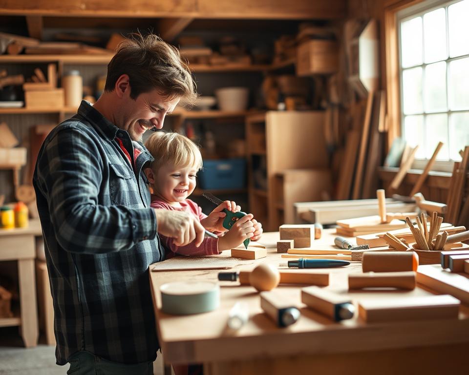 A cozy workshop filled with the sounds of laughter and creativity. In the foreground, a father and child work side by side, their hands guiding a piece of wood as they carefully shape it with a small handsaw. The middle ground showcases an array of child-sized tools and supplies, inviting young minds to explore the joy of woodworking. In the background, a bright window floods the space with warm, natural light, casting a serene glow over the scene. The atmosphere is one of shared discovery, where a parent's patience and a child's curiosity collide to produce something truly special. A cozy workshop filled with the sounds of laughter and creativity. In the foreground, a father and child work side by side, their hands guiding a piece of wood as they carefully shape it with a small handsaw. The middle ground showcases an array of child-sized tools and supplies, inviting young minds to explore the joy of woodworking. In the background, a bright window floods the space with warm, natural light, casting a serene glow over the scene. The atmosphere is one of shared discovery, where a parent's patience and a child's curiosity collide to produce something truly special.