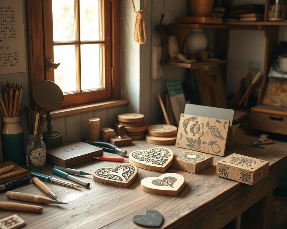 A cozy workshop with a well-worn workbench, adorned with various beginner wood-burning tools and projects in progress. Soft, natural lighting filters in through a nearby window, casting a warm glow on the scene. Intricate pyrography designs take shape on a collection of simple wooden shapes - a heart-shaped ornament, a rustic plaque, and a small decorative box. The atmosphere is one of calm, focused creativity, inviting the viewer to imagine the satisfying process of creating these charming, handmade pieces. A cozy workshop with a well-worn workbench, adorned with various beginner wood-burning tools and projects in progress. Soft, natural lighting filters in through a nearby window, casting a warm glow on the scene. Intricate pyrography designs take shape on a collection of simple wooden shapes - a heart-shaped ornament, a rustic plaque, and a small decorative box. The atmosphere is one of calm, focused creativity, inviting the viewer to imagine the satisfying process of creating these charming, handmade pieces.