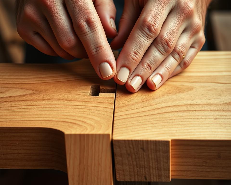 A detailed closeup view of two wooden pieces being joined together, showcasing the process of woodworking. The pieces are of a warm, rustic oak or maple, sanded to a smooth finish. Strong hands carefully align the joints, demonstrating the precise technique required. Soft, diffused lighting illuminates the intricate details, highlighting the textural grain and the skillful application of wood glue. The composition emphasizes the focus on the hands and the joining mechanism, with a clean, uncluttered background that allows the craftsmanship to shine. The overall mood is one of thoughtful concentration and the satisfaction of mastering a fundamental woodworking skill.