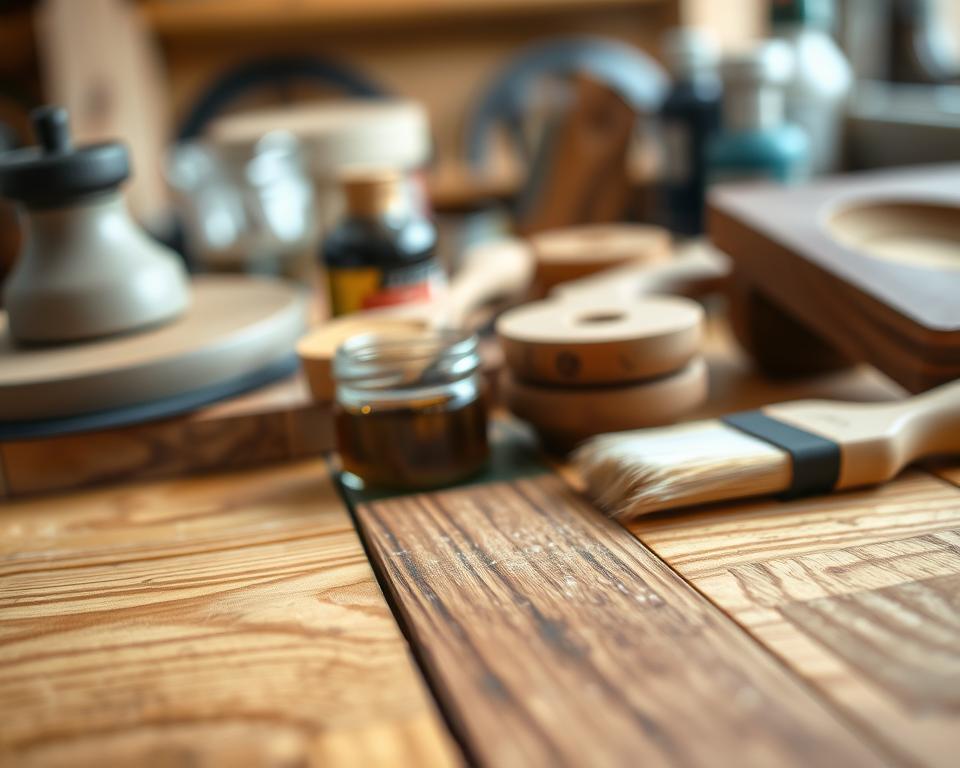 A detailed, high-quality close-up image of various wood finishing techniques, including sanding, staining, varnishing, and polishing. The image should show the textures and grain of the wood in the foreground, with tools and materials like sandpaper, stains, and brushes in the middle ground. The background should be softly blurred, creating a sense of focus on the wood finishing process. The lighting should be natural and slightly directional, emphasizing the depth and three-dimensionality of the wood. The overall mood should be one of craftsmanship, attention to detail, and the art of wood finishing.