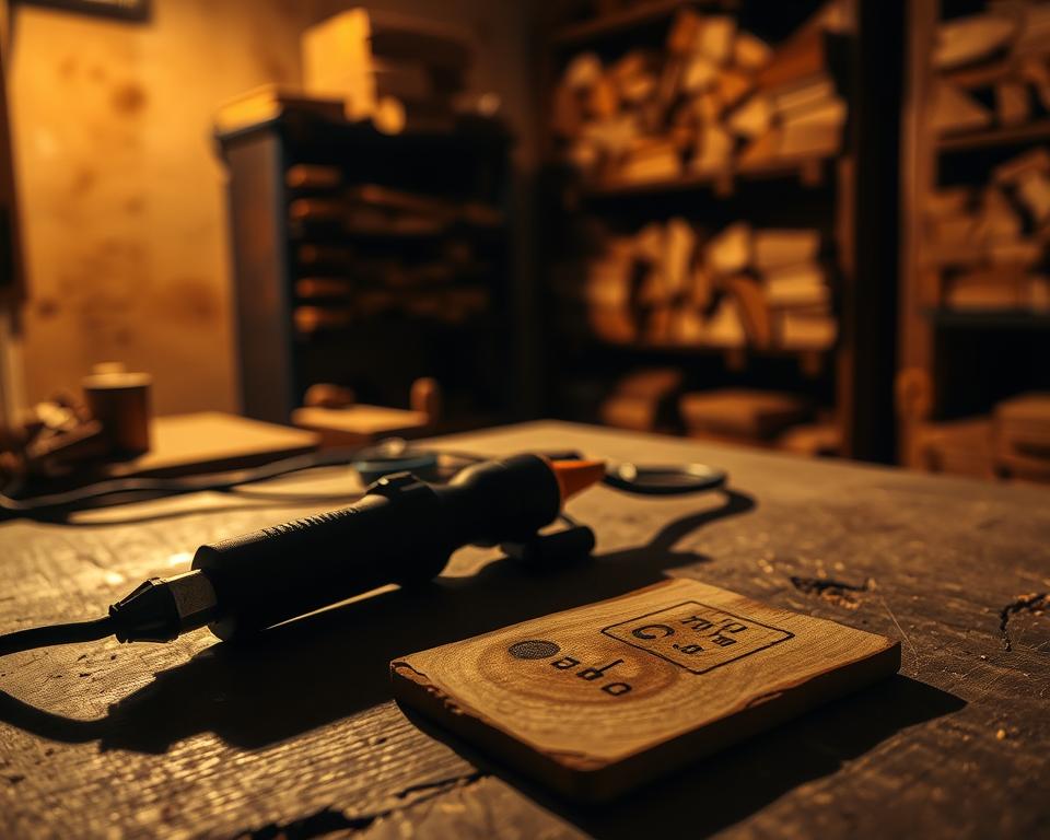 A dimly lit wood workshop, with a beginner's wood burning tool set on a workbench. The tools cast long shadows, suggesting the challenges of mastering the craft. In the foreground, a partially burned piece of wood, the uneven burn marks hinting at the learning curve. The background shows shelves of wood blocks, a reminder of the endless possibilities waiting to be explored. The scene is bathed in a warm, amber glow, creating a cozy, yet slightly intimidating atmosphere for the aspiring wood burner. A dimly lit wood workshop, with a beginner's wood burning tool set on a workbench. The tools cast long shadows, suggesting the challenges of mastering the craft. In the foreground, a partially burned piece of wood, the uneven burn marks hinting at the learning curve. The background shows shelves of wood blocks, a reminder of the endless possibilities waiting to be explored. The scene is bathed in a warm, amber glow, creating a cozy, yet slightly intimidating atmosphere for the aspiring wood burner.