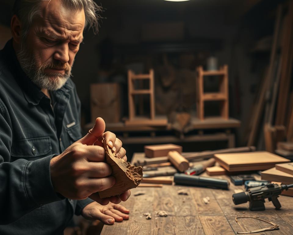 A dimly lit woodshop, tools and materials scattered across a workbench. In the foreground, a broken piece of wood and a frustrated expression on the face of a carpenter, their hands gripping the damaged material. In the middle ground, an array of partially completed projects, each with its own unique challenge - a misaligned joint, a splintered edge, a warped surface. The background fades into shadows, hinting at the complexity and unpredictability of the craft. The lighting is warm and moody, casting dramatic shadows that accentuate the textures and imperfections of the wood. The overall atmosphere conveys the sense of problem-solving and the pursuit of perfection that is inherent in woodworking. A dimly lit woodshop, tools and materials scattered across a workbench. In the foreground, a broken piece of wood and a frustrated expression on the face of a carpenter, their hands gripping the damaged material. In the middle ground, an array of partially completed projects, each with its own unique challenge - a misaligned joint, a splintered edge, a warped surface. The background fades into shadows, hinting at the complexity and unpredictability of the craft. The lighting is warm and moody, casting dramatic shadows that accentuate the textures and imperfections of the wood. The overall atmosphere conveys the sense of problem-solving and the pursuit of perfection that is inherent in woodworking.