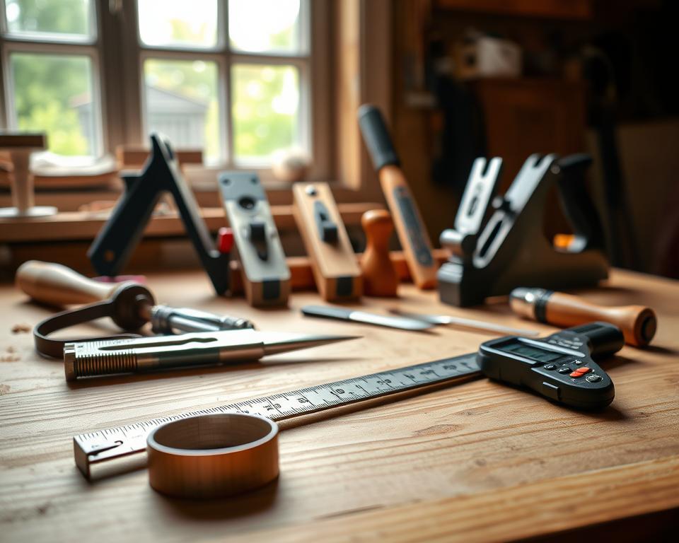 A neatly organized workspace with a variety of precision woodworking tools laid out on a wooden workbench. In the foreground, a steel tape measure, a carpenter's square, and a digital caliper rest on a surface with a subtle wood grain texture. In the middle ground, a hand saw, a chisel, and a block plane are arranged in a visually appealing manner. The background features a window with soft, natural lighting illuminating the scene, creating a warm and inviting atmosphere for a beginner's woodworking project. A neatly organized workspace with a variety of precision woodworking tools laid out on a wooden workbench. In the foreground, a steel tape measure, a carpenter's square, and a digital caliper rest on a surface with a subtle wood grain texture. In the middle ground, a hand saw, a chisel, and a block plane are arranged in a visually appealing manner. The background features a window with soft, natural lighting illuminating the scene, creating a warm and inviting atmosphere for a beginner's woodworking project.