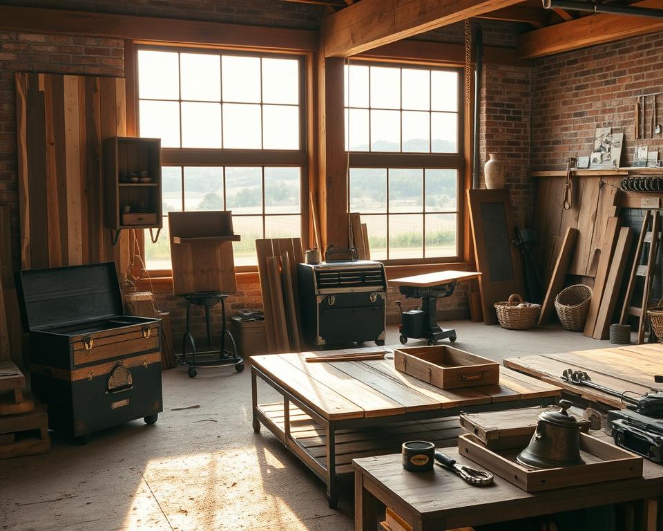 A rustic farmhouse-style workspace, illuminated by warm natural light filtering through large windows. In the foreground, a selection of mixed media projects featuring reclaimed wood and distressed metal elements - a wall-mounted shelving unit, a coffee table with a metal frame, and a decorative metal tray. The middle ground showcases various tools and materials, including a vintage toolbox, handcrafted woodworking jigs, and an assortment of rusty metal hardware. The background hints at the surrounding environment, with exposed wooden beams, brick walls, and a glimpse of a picturesque rural landscape outside. The overall atmosphere exudes a sense of craftsmanship, nostalgia, and a harmonious blend of organic and industrial materials. A rustic farmhouse-style workspace, illuminated by warm natural light filtering through large windows. In the foreground, a selection of mixed media projects featuring reclaimed wood and distressed metal elements - a wall-mounted shelving unit, a coffee table with a metal frame, and a decorative metal tray. The middle ground showcases various tools and materials, including a vintage toolbox, handcrafted woodworking jigs, and an assortment of rusty metal hardware. The background hints at the surrounding environment, with exposed wooden beams, brick walls, and a glimpse of a picturesque rural landscape outside. The overall atmosphere exudes a sense of craftsmanship, nostalgia, and a harmonious blend of organic and industrial materials.