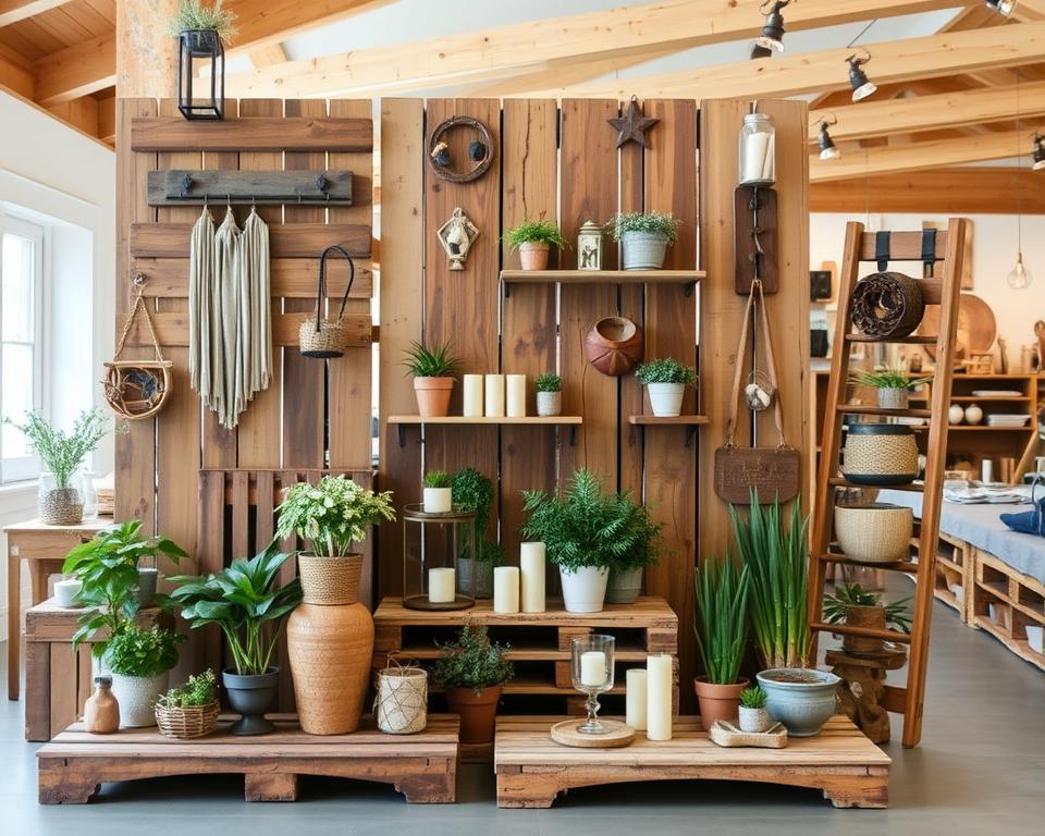 A rustic wooden pallet display showcasing an array of handcrafted home decor items. The foreground features various repurposed pallet pieces, such as a wall hanging, a shelving unit, and a decorative ladder, all arranged in a visually appealing manner. The middle ground includes potted plants, candles, and other natural accents that complement the pallet creations. The background depicts a warm, cozy interior setting with soft lighting, wooden beams, and a neutral color palette that enhances the vintage, farmhouse-inspired aesthetic. The overall composition conveys a sense of creativity, DIY spirit, and the transformative potential of reclaimed wood.