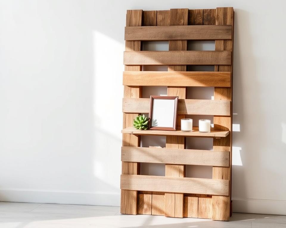 A rustic wooden pallet, weathered and distressed, standing vertically against a plain white wall. The pallet has been carefully curated with an assortment of decorative elements - a lush green succulent plant, a small framed mirror, and a set of candles in various sizes and shapes. Soft, natural lighting illuminates the scene, casting gentle shadows and highlighting the unique textures of the wood. The overall composition exudes a sense of effortless elegance and a touch of industrial charm, perfectly complementing the "Enhancing Aesthetic Appeal with Wood Pallets" theme.