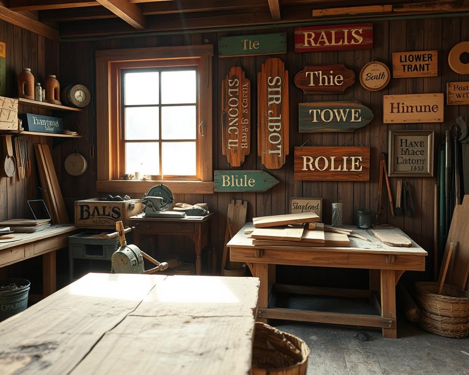 A rustic wooden workshop, sunlight streaming through a window, illuminating a workbench cluttered with various tools and pieces of reclaimed wood. In the foreground, a weathered plank is being carefully sanded, its grain revealed. On the wall, an assortment of hand-painted wooden signs hang, each one unique and charming. The middle ground showcases a collection of tools, including a vintage jigsaw and a box of nails, hinting at the process of transforming these humble materials into creative, one-of-a-kind artworks. The background is softly blurred, emphasizing the focus on the upcycling process and the resulting signs. A rustic wooden workshop, sunlight streaming through a window, illuminating a workbench cluttered with various tools and pieces of reclaimed wood. In the foreground, a weathered plank is being carefully sanded, its grain revealed. On the wall, an assortment of hand-painted wooden signs hang, each one unique and charming. The middle ground showcases a collection of tools, including a vintage jigsaw and a box of nails, hinting at the process of transforming these humble materials into creative, one-of-a-kind artworks. The background is softly blurred, emphasizing the focus on the upcycling process and the resulting signs.