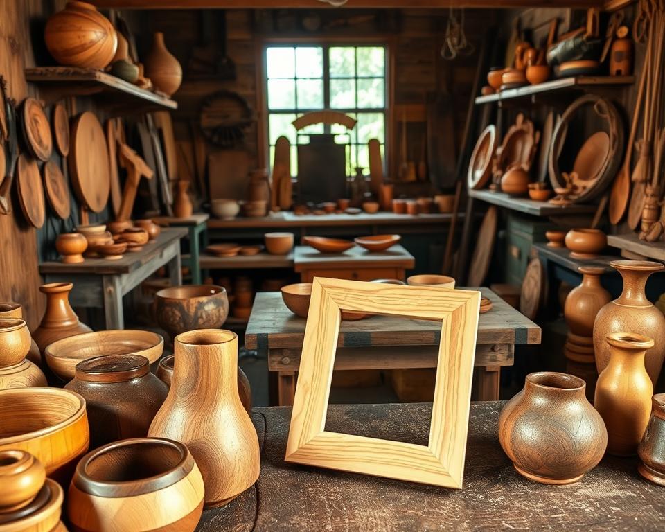 A rustic wooden workspace, filled with an array of handcrafted wooden items. In the foreground, a collection of wooden bowls, vases, and decorative pieces, each with unique textures and grain patterns. In the middle ground, a sturdy workbench showcases a handmade wooden picture frame, its edges smoothed and polished. In the background, a cozy studio setting, with natural lighting filtering through a large window, casting a warm glow on the wooden objects. The overall atmosphere is one of craftsmanship, simplicity, and a connection to the natural world. A rustic wooden workspace, filled with an array of handcrafted wooden items. In the foreground, a collection of wooden bowls, vases, and decorative pieces, each with unique textures and grain patterns. In the middle ground, a sturdy workbench showcases a handmade wooden picture frame, its edges smoothed and polished. In the background, a cozy studio setting, with natural lighting filtering through a large window, casting a warm glow on the wooden objects. The overall atmosphere is one of craftsmanship, simplicity, and a connection to the natural world.