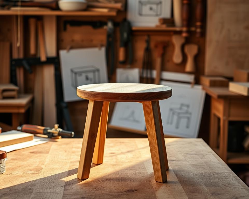 A simple, elegant wooden stool with a slatted seat and tapered legs, illuminated by warm natural lighting. The stool is the focal point, positioned on a wooden workbench against a backdrop of various woodworking tools, materials, and project sketches. The composition conveys a sense of craftsmanship, creativity, and the rewarding process of DIY woodworking. Subtle shadows and depth of field create a sense of depth and perspective, drawing the viewer's attention to the stool's refined design and construction. A simple, elegant wooden stool with a slatted seat and tapered legs, illuminated by warm natural lighting. The stool is the focal point, positioned on a wooden workbench against a backdrop of various woodworking tools, materials, and project sketches. The composition conveys a sense of craftsmanship, creativity, and the rewarding process of DIY woodworking. Subtle shadows and depth of field create a sense of depth and perspective, drawing the viewer's attention to the stool's refined design and construction.