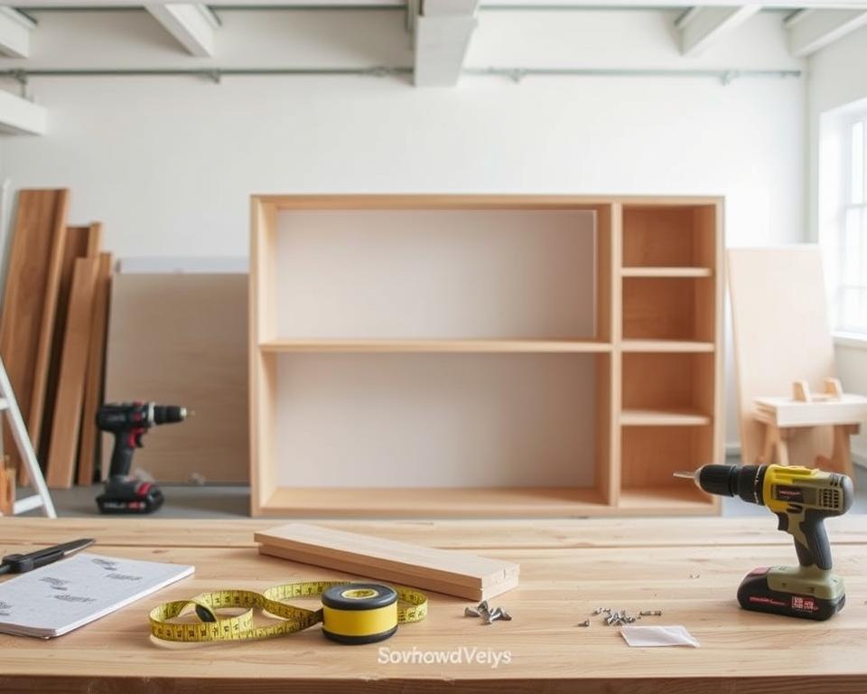 A step-by-step guide to building basic wood shelves, presented in a clean, minimalist style. In the foreground, a wooden workbench with various tools and materials - sandpaper, measuring tape, drill, screws, and raw wood planks. In the middle ground, a partially constructed shelf unit, showcasing the assembly process. The background is a bright, airy studio space with natural lighting, emphasizing the DIY nature of the project. The overall mood is one of simplicity, functionality, and approachability, inspiring viewers to tackle this straightforward woodworking project. A step-by-step guide to building basic wood shelves, presented in a clean, minimalist style. In the foreground, a wooden workbench with various tools and materials - sandpaper, measuring tape, drill, screws, and raw wood planks. In the middle ground, a partially constructed shelf unit, showcasing the assembly process. The background is a bright, airy studio space with natural lighting, emphasizing the DIY nature of the project. The overall mood is one of simplicity, functionality, and approachability, inspiring viewers to tackle this straightforward woodworking project.