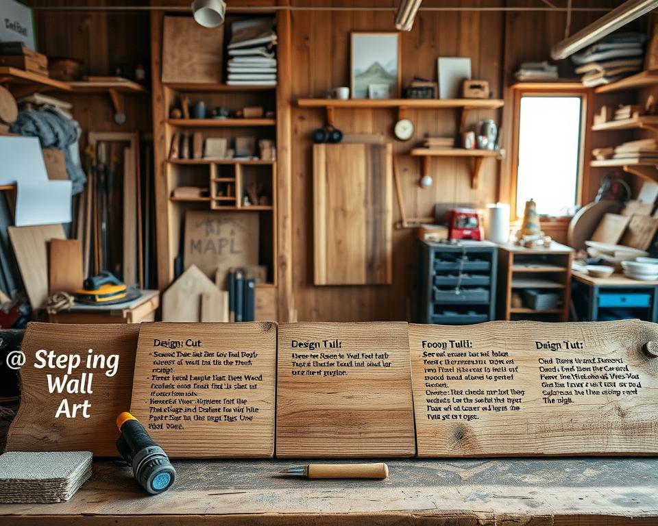 A step-by-step wooden wall art guide, showcasing the intricate process of crafting a rustic, handmade piece. In the foreground, a well-lit workbench displays various woodworking tools, including a saw, sandpaper, and a wood-burning tool. Detailed instructions are presented on a series of weathered, wooden planks, guiding the viewer through the stages of design, cutting, and finishing. The middle ground features a partially completed wall art piece, with a warm, natural grain and a distressed finish. In the background, a cozy, sunlit workshop setting, with wooden shelves displaying an array of finished projects and inspirational materials. The overall atmosphere conveys a sense of handcrafted authenticity, inviting the viewer to embark on their own artistic wooden wall art journey.