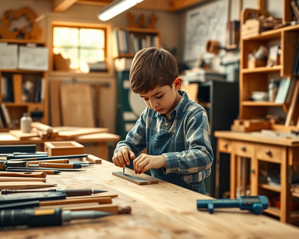 A vibrant and educational woodworking scene, captured in a warm, natural light. In the foreground, a young learner carefully measures and marks a piece of wood, guided by a mentor's hands. The middle ground showcases an array of tools - from chisels and sandpaper to digital calipers - representing the intersection of traditional craftsmanship and modern STEM principles. In the background, a well-stocked workshop with shelves of books and blueprints, hinting at the wealth of knowledge and problem-solving skills inherent in the art of woodworking. The overall atmosphere is one of curiosity, discovery, and the joyful pursuit of hands-on learning.