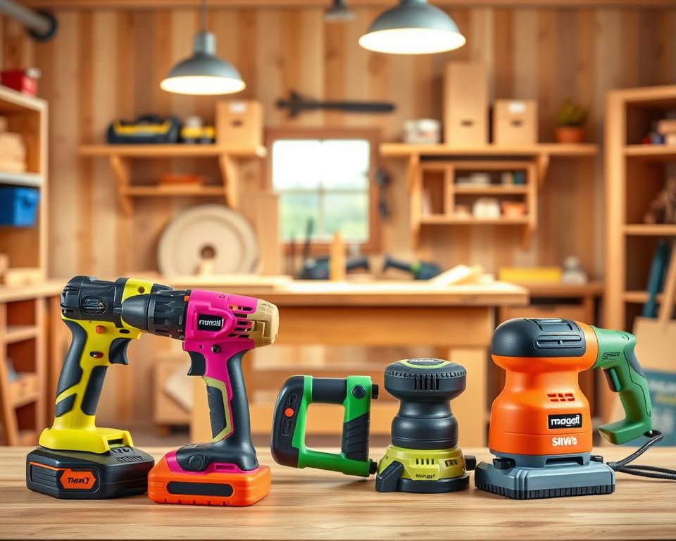 A vibrant and whimsical scene of colorful power tools designed for young hands, set against a warm, inviting woodworking workshop backdrop. In the foreground, a miniature cordless drill, jigsaw, and sander stand ready, their ergonomic, kid-friendly designs inviting exploration. In the middle ground, a workbench with simple, sturdy joints and clamps beckons, while shelves filled with age-appropriate project materials line the walls. Soft, natural lighting from overhead lamps casts a cozy glow, creating an atmosphere of creativity and safety. The overall mood is one of excitement and empowerment, encouraging young makers to confidently harness the power of tools to bring their imaginative projects to life. A vibrant and whimsical scene of colorful power tools designed for young hands, set against a warm, inviting woodworking workshop backdrop. In the foreground, a miniature cordless drill, jigsaw, and sander stand ready, their ergonomic, kid-friendly designs inviting exploration. In the middle ground, a workbench with simple, sturdy joints and clamps beckons, while shelves filled with age-appropriate project materials line the walls. Soft, natural lighting from overhead lamps casts a cozy glow, creating an atmosphere of creativity and safety. The overall mood is one of excitement and empowerment, encouraging young makers to confidently harness the power of tools to bring their imaginative projects to life.