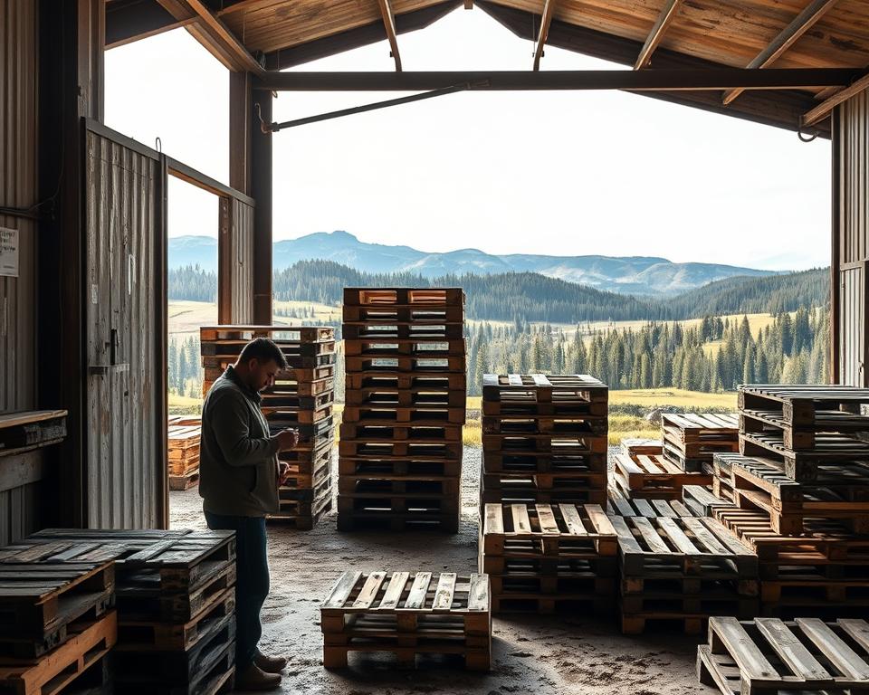 A weathered pallet warehouse in rural Canada, sunlight streaming through the open loading bay doors. In the foreground, a worker carefully selects and inspects wooden pallets, their hands calloused from years of this artisanal craft. The middle ground reveals stacks of pallets in various states of wear, some freshly minted, others weathered by the elements. In the background, a picturesque landscape of rolling hills and dense pine forests, hinting at the abundant natural resources that make Canada a prime location for sourcing pallet wood. The overall scene conveys a sense of rugged craftsmanship, resourcefulness, and a connection to the land. A weathered pallet warehouse in rural Canada, sunlight streaming through the open loading bay doors. In the foreground, a worker carefully selects and inspects wooden pallets, their hands calloused from years of this artisanal craft. The middle ground reveals stacks of pallets in various states of wear, some freshly minted, others weathered by the elements. In the background, a picturesque landscape of rolling hills and dense pine forests, hinting at the abundant natural resources that make Canada a prime location for sourcing pallet wood. The overall scene conveys a sense of rugged craftsmanship, resourcefulness, and a connection to the land.