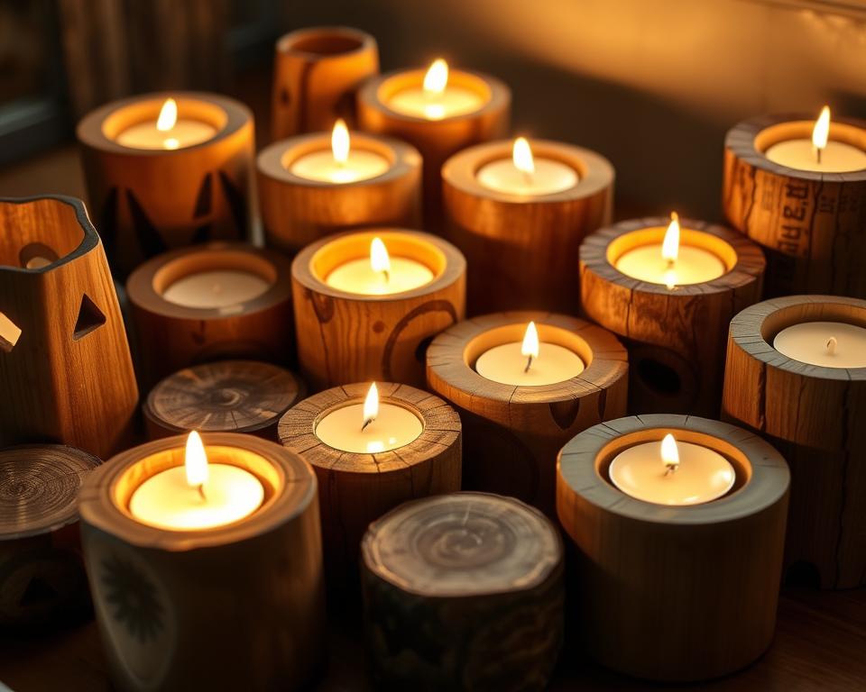 A well-lit, close-up scene showcasing an arrangement of handmade, customized wooden candle holders. The holders are of varying shapes and sizes, some with intricate carvings or patterns, others with a more minimalist aesthetic. The lighting creates warm, inviting shadows and highlights the natural grain and texture of the wood. The candles are lit, casting a soft, cozy glow over the scene. The composition is balanced, with the candle holders arranged in an artful, visually appealing way. The overall mood is one of rustic elegance and DIY charm, perfectly capturing the spirit of the "Inspiring Ideas for Customization" section. A well-lit, close-up scene showcasing an arrangement of handmade, customized wooden candle holders. The holders are of varying shapes and sizes, some with intricate carvings or patterns, others with a more minimalist aesthetic. The lighting creates warm, inviting shadows and highlights the natural grain and texture of the wood. The candles are lit, casting a soft, cozy glow over the scene. The composition is balanced, with the candle holders arranged in an artful, visually appealing way. The overall mood is one of rustic elegance and DIY charm, perfectly capturing the spirit of the "Inspiring Ideas for Customization" section.