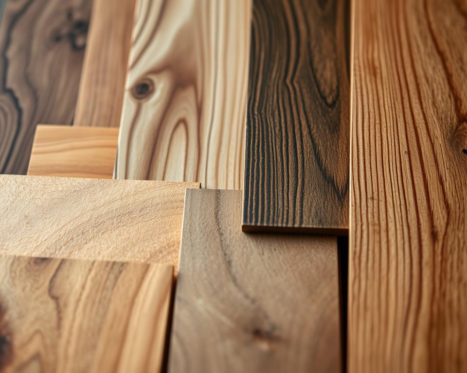 A well-lit close-up shot of various wood finishes and textures, including smooth polished oak, rugged weathered pine, and subtly grained maple. The foreground features an array of wood samples in different tones and grains, arranged in an artful still life composition. The middle ground showcases the varied surfaces and natural patterns of the wood, with highlights and shadows accentuating the depth and tactile quality. The background is softly blurred, allowing the focus to remain on the intricate details and the rich, organic beauty of the materials. The overall mood is one of warm, rustic elegance, conveying the craftsmanship and durability of high-quality woodworking. A well-lit close-up shot of various wood finishes and textures, including smooth polished oak, rugged weathered pine, and subtly grained maple. The foreground features an array of wood samples in different tones and grains, arranged in an artful still life composition. The middle ground showcases the varied surfaces and natural patterns of the wood, with highlights and shadows accentuating the depth and tactile quality. The background is softly blurred, allowing the focus to remain on the intricate details and the rich, organic beauty of the materials. The overall mood is one of warm, rustic elegance, conveying the craftsmanship and durability of high-quality woodworking.