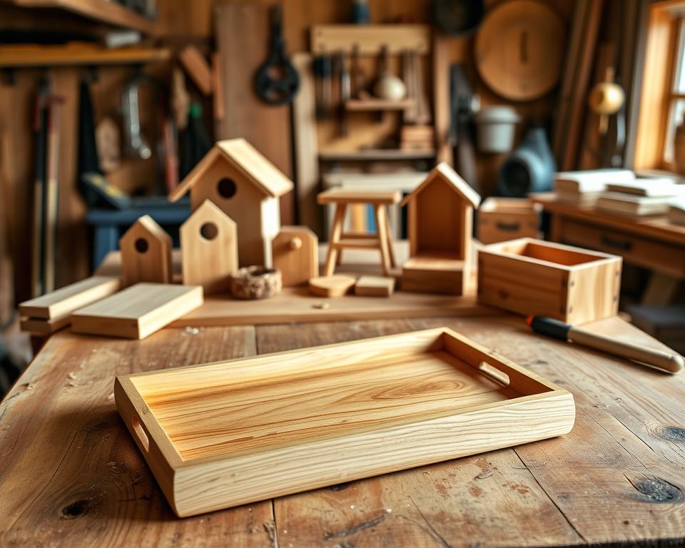 A well-lit, detailed scene showcasing a selection of beginner woodworking projects on a rustic wooden workbench. In the foreground, a handcrafted wooden tray with a simple, elegant design takes center stage. In the middle ground, a variety of beginner-friendly projects are displayed, such as a simple birdhouse, a small side table, and a basic box or container. The background features a warm, natural-looking workshop environment, with tools, sawdust, and other woodworking supplies visible, creating a sense of a creative, productive space. The overall mood is one of inspiration and approachability, inviting the viewer to consider their own potential for creating functional, handmade wooden pieces. A well-lit, detailed scene showcasing a selection of beginner woodworking projects on a rustic wooden workbench. In the foreground, a handcrafted wooden tray with a simple, elegant design takes center stage. In the middle ground, a variety of beginner-friendly projects are displayed, such as a simple birdhouse, a small side table, and a basic box or container. The background features a warm, natural-looking workshop environment, with tools, sawdust, and other woodworking supplies visible, creating a sense of a creative, productive space. The overall mood is one of inspiration and approachability, inviting the viewer to consider their own potential for creating functional, handmade wooden pieces.