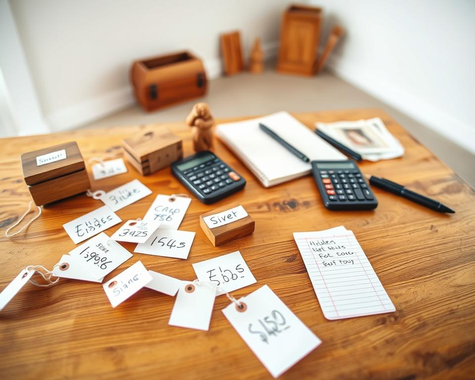 A well-lit, high-angle photograph of a wooden tabletop displaying various pricing tags, stickers, and handwritten labels. The foreground features an assortment of wooden objects, such as a small box, a carved figurine, and a set of coasters, each with a clearly visible price tag. The middle ground showcases a calculator, a notebook, and a pen, suggesting the process of calculating and recording pricing. The background blurs into a minimalist, clean workspace with neutral-colored walls, creating a sense of professionalism and attention to detail. The overall scene conveys a thoughtful approach to pricing handcrafted woodworking items, reflecting the subject of the article's section on "Pricing Your Wood Projects Fairly". A well-lit, high-angle photograph of a wooden tabletop displaying various pricing tags, stickers, and handwritten labels. The foreground features an assortment of wooden objects, such as a small box, a carved figurine, and a set of coasters, each with a clearly visible price tag. The middle ground showcases a calculator, a notebook, and a pen, suggesting the process of calculating and recording pricing. The background blurs into a minimalist, clean workspace with neutral-colored walls, creating a sense of professionalism and attention to detail. The overall scene conveys a thoughtful approach to pricing handcrafted woodworking items, reflecting the subject of the article's section on "Pricing Your Wood Projects Fairly".