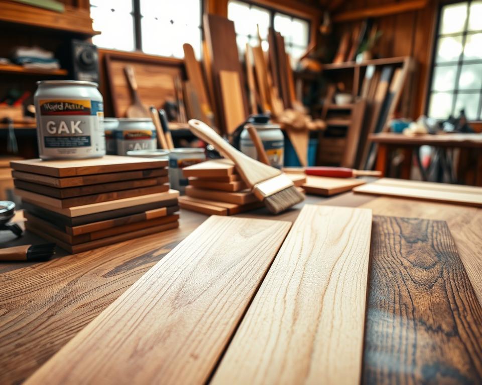 A well-lit, high-resolution image showcasing a variety of wood finishes. In the foreground, an arrangement of different wood samples - oak, maple, walnut, and cherry - each with a distinct grain pattern and unique sheen. The middle ground features an assortment of finishing tools, such as brushes, rags, and cans of stain and varnish, all arranged in a visually appealing manner. The background depicts a warm, inviting workshop setting, with natural lighting streaming in through large windows, casting a soft glow on the scene. The overall composition emphasizes the textures, colors, and the artistry involved in enhancing the natural beauty of wood through the careful application of finishes. A well-lit, high-resolution image showcasing a variety of wood finishes. In the foreground, an arrangement of different wood samples - oak, maple, walnut, and cherry - each with a distinct grain pattern and unique sheen. The middle ground features an assortment of finishing tools, such as brushes, rags, and cans of stain and varnish, all arranged in a visually appealing manner. The background depicts a warm, inviting workshop setting, with natural lighting streaming in through large windows, casting a soft glow on the scene. The overall composition emphasizes the textures, colors, and the artistry involved in enhancing the natural beauty of wood through the careful application of finishes.