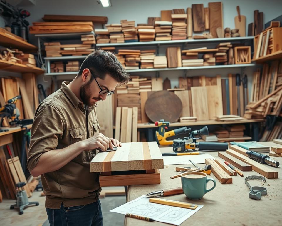 A well-lit, modern DIY woodworking workshop filled with various power tools, hand saws, chisels, and a variety of lumber. In the foreground, a person is meticulously sanding a wooden project, their face focused and determined. The middle ground showcases a workbench cluttered with sketches, measuring tapes, and a cup of freshly brewed coffee, suggesting a creative, productive environment. The background features shelves stocked with an array of wood types, stains, and finished projects, hinting at the endless possibilities and sense of accomplishment in this burgeoning DIY trend. The overall atmosphere is one of focus, innovation, and the joy of crafting something with one's own hands. A well-lit, modern DIY woodworking workshop filled with various power tools, hand saws, chisels, and a variety of lumber. In the foreground, a person is meticulously sanding a wooden project, their face focused and determined. The middle ground showcases a workbench cluttered with sketches, measuring tapes, and a cup of freshly brewed coffee, suggesting a creative, productive environment. The background features shelves stocked with an array of wood types, stains, and finished projects, hinting at the endless possibilities and sense of accomplishment in this burgeoning DIY trend. The overall atmosphere is one of focus, innovation, and the joy of crafting something with one's own hands.