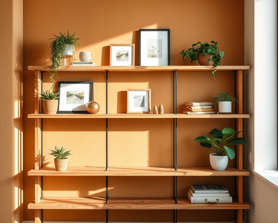 A well-lit, natural-toned scene of a DIY wood shelving unit made from sustainably sourced timber, textured with visible wood grain. The shelves are arranged in a simple, minimalist layout, showcasing various home decor items like potted plants, framed art, and small decorative objects. Soft shadows cast by the directional lighting create depth and dimension. The background features a warm, earthy-toned wall, complementing the rustic aesthetic. The camera angle is slightly elevated, providing an inviting, aspirational perspective of the carefully curated, eco-friendly shelving display. A well-lit, natural-toned scene of a DIY wood shelving unit made from sustainably sourced timber, textured with visible wood grain. The shelves are arranged in a simple, minimalist layout, showcasing various home decor items like potted plants, framed art, and small decorative objects. Soft shadows cast by the directional lighting create depth and dimension. The background features a warm, earthy-toned wall, complementing the rustic aesthetic. The camera angle is slightly elevated, providing an inviting, aspirational perspective of the carefully curated, eco-friendly shelving display.