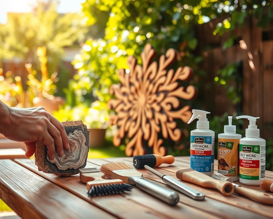 A well-lit outdoor scene showcasing the maintenance of a wooden wall art piece. In the foreground, a person gently sanding the surface of the artwork, removing any weathered or uneven areas. Behind them, an array of wood care tools and supplies laid out neatly - brushes, sealants, and a wood conditioner. The middle ground features the wooden wall art, its intricate design and natural grain visible. In the background, a lush garden or backyard setting, with verdant foliage and warm sunlight filtering through. The overall atmosphere is one of care, attention to detail, and a respect for the beauty of outdoor wooden crafts.