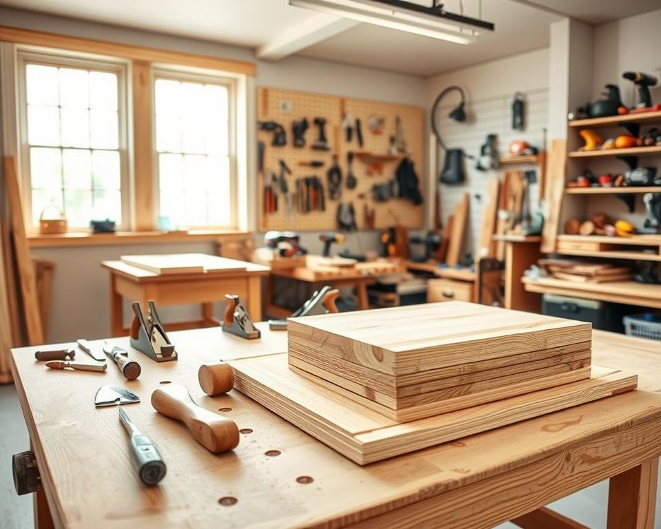 A well-lit, spacious woodworking workshop. In the foreground, a sturdy workbench with various hand tools neatly arranged - chisels, saws, planes, and a mallet. On the workbench, a stack of freshly planed boards in varying shades of oak, ready for the next stage of construction. The middle ground features a pegboard wall with an assortment of power tools, including a drill, jigsaw, and orbital sander. In the background, large windows allow natural light to flood the space, casting a warm, inviting glow. The overall atmosphere conveys a sense of focus, organization, and the excitement of a new woodworking project. A well-lit, spacious woodworking workshop. In the foreground, a sturdy workbench with various hand tools neatly arranged - chisels, saws, planes, and a mallet. On the workbench, a stack of freshly planed boards in varying shades of oak, ready for the next stage of construction. The middle ground features a pegboard wall with an assortment of power tools, including a drill, jigsaw, and orbital sander. In the background, large windows allow natural light to flood the space, casting a warm, inviting glow. The overall atmosphere conveys a sense of focus, organization, and the excitement of a new woodworking project.