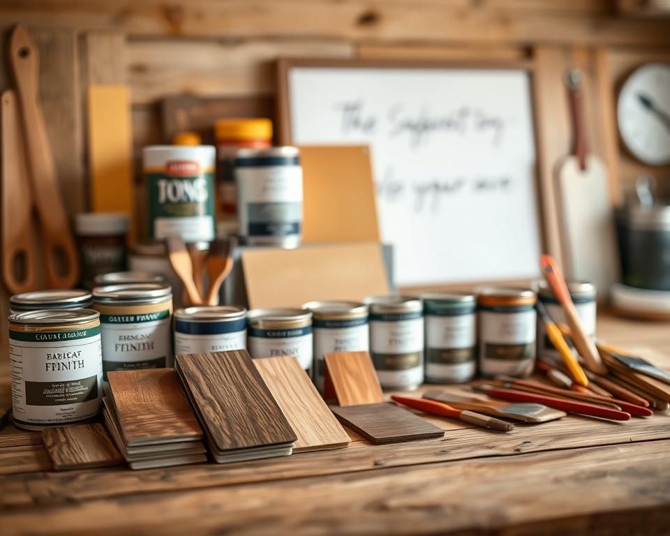 A well-lit wooden table displaying an assortment of paint cans, brushes, and color swatches. In the foreground, various wood stain samples and finishing products are neatly arranged, showcasing a range of rustic, natural tones. The middle ground features a selection of matte and satin-finish paints in earthy, muted hues, perfect for a DIY rustic sign project. The background is softly blurred, with a warm, inviting atmosphere that suggests a cozy, workshop-like setting. The overall composition emphasizes the textures, colors, and tools needed to achieve the perfect painted and finished look for a handcrafted wooden sign. A well-lit wooden table displaying an assortment of paint cans, brushes, and color swatches. In the foreground, various wood stain samples and finishing products are neatly arranged, showcasing a range of rustic, natural tones. The middle ground features a selection of matte and satin-finish paints in earthy, muted hues, perfect for a DIY rustic sign project. The background is softly blurred, with a warm, inviting atmosphere that suggests a cozy, workshop-like setting. The overall composition emphasizes the textures, colors, and tools needed to achieve the perfect painted and finished look for a handcrafted wooden sign.