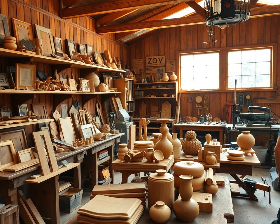 A well-lit wooden workshop interior, with an assortment of handcrafted woodworking projects displayed on rustic wooden shelves and workbenches. The foreground features an array of intricately carved and sanded wooden objects, such as picture frames, small furniture pieces, and decorative items. The middle ground showcases the various tools and machinery used in the woodworking process, including chisels, sanders, and hand saws. The background subtly highlights the warm, natural lighting filtering through large windows, casting a cozy and inviting atmosphere. The overall scene conveys a sense of skilled craftsmanship and the pride of a woodworker showcasing their creations for potential buyers. A well-lit wooden workshop interior, with an assortment of handcrafted woodworking projects displayed on rustic wooden shelves and workbenches. The foreground features an array of intricately carved and sanded wooden objects, such as picture frames, small furniture pieces, and decorative items. The middle ground showcases the various tools and machinery used in the woodworking process, including chisels, sanders, and hand saws. The background subtly highlights the warm, natural lighting filtering through large windows, casting a cozy and inviting atmosphere. The overall scene conveys a sense of skilled craftsmanship and the pride of a woodworker showcasing their creations for potential buyers.