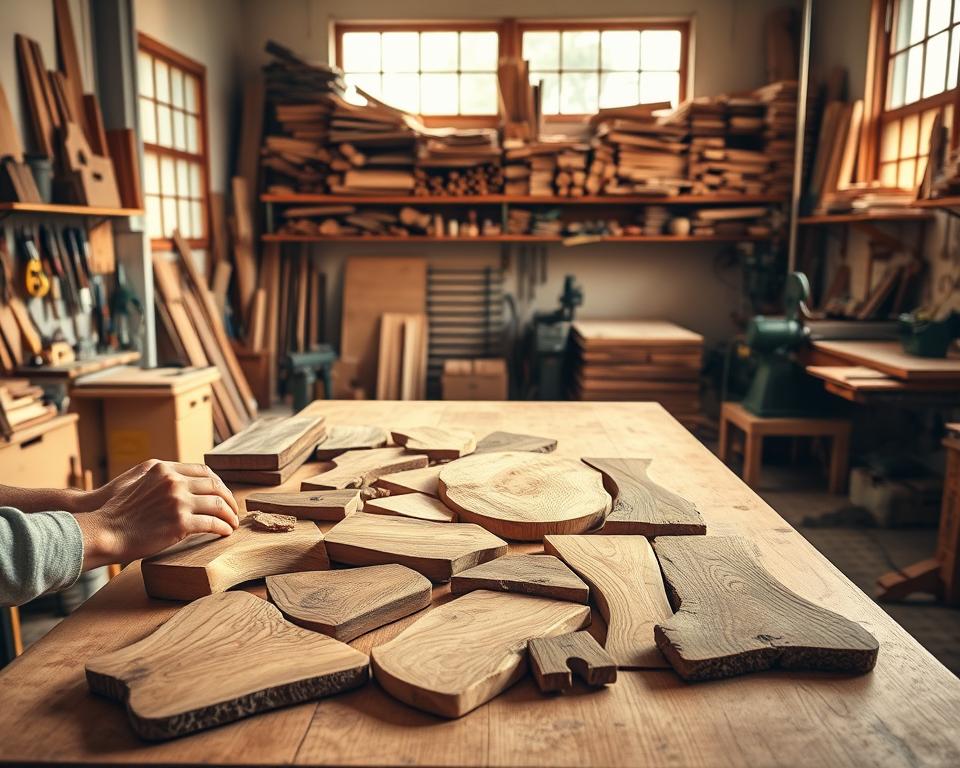A well-lit woodworking studio, with a large workbench in the foreground. On the bench, an assortment of wood samples in various shapes and grains - oak, maple, cherry, and walnut. Woodworker's hands carefully inspecting the texture and grain of each piece, evaluating its suitability for a project. Warm, natural lighting from large windows illuminates the scene, casting soft shadows and highlighting the rich colors of the wood. In the background, shelves filled with hand tools, machinery, and stacks of lumber, creating a sense of a productive, organized workspace. A serene, focused atmosphere as the woodworker contemplates the perfect wood for their next creation. A well-lit woodworking studio, with a large workbench in the foreground. On the bench, an assortment of wood samples in various shapes and grains - oak, maple, cherry, and walnut. Woodworker's hands carefully inspecting the texture and grain of each piece, evaluating its suitability for a project. Warm, natural lighting from large windows illuminates the scene, casting soft shadows and highlighting the rich colors of the wood. In the background, shelves filled with hand tools, machinery, and stacks of lumber, creating a sense of a productive, organized workspace. A serene, focused atmosphere as the woodworker contemplates the perfect wood for their next creation.