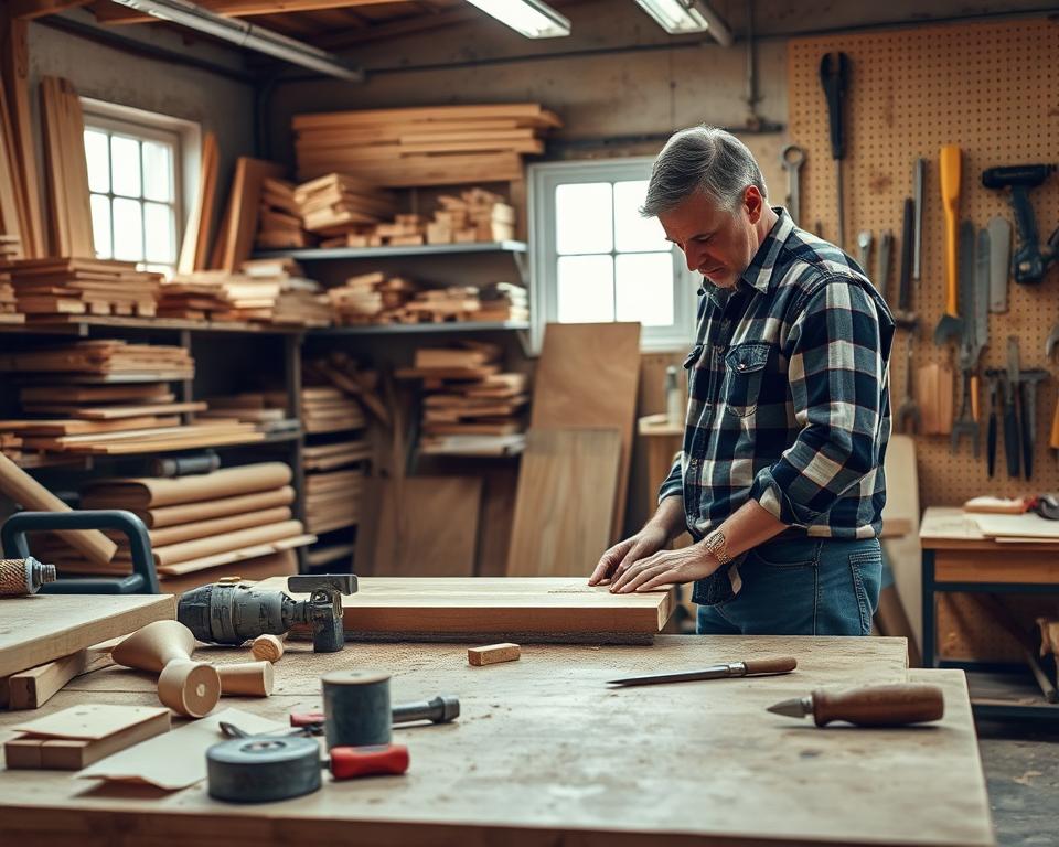 A well-lit woodworking workshop, with a sturdy workbench in the foreground. On the bench, various tools and materials are neatly arranged, including sandpaper, chisels, and a half-finished project. In the middle ground, a craftsman in a flannel shirt and jeans examines a piece of wood, brow furrowed in concentration. The background features shelves stocked with lumber, a pegboard wall with hanging tools, and a window letting in natural light. The overall atmosphere is one of focused problem-solving, with a touch of rustic charm. A well-lit woodworking workshop, with a sturdy workbench in the foreground. On the bench, various tools and materials are neatly arranged, including sandpaper, chisels, and a half-finished project. In the middle ground, a craftsman in a flannel shirt and jeans examines a piece of wood, brow furrowed in concentration. The background features shelves stocked with lumber, a pegboard wall with hanging tools, and a window letting in natural light. The overall atmosphere is one of focused problem-solving, with a touch of rustic charm.