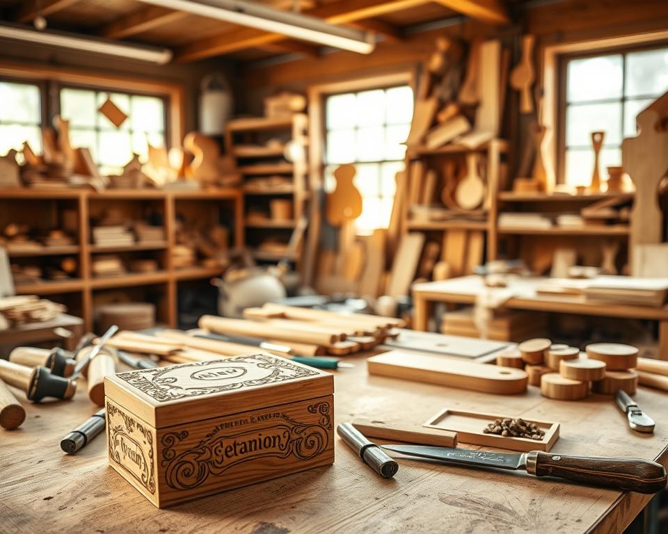A well-lit workshop filled with an assortment of wooden crafts and tools. In the foreground, a hand-carved wooden box with intricate patterns and a personalized name engraved on the lid. On the workbench, various woodworking implements, such as chisels, sandpaper, and a small carving knife, are neatly arranged. In the background, shelves display an array of unfinished wooden pieces, ready to be transformed into unique and customized gifts. Warm, natural lighting from large windows casts a gentle glow over the scene, highlighting the rich textures and tones of the wood. The overall atmosphere is one of creativity, focus, and the joy of personalized craftsmanship. A well-lit workshop filled with an assortment of wooden crafts and tools. In the foreground, a hand-carved wooden box with intricate patterns and a personalized name engraved on the lid. On the workbench, various woodworking implements, such as chisels, sandpaper, and a small carving knife, are neatly arranged. In the background, shelves display an array of unfinished wooden pieces, ready to be transformed into unique and customized gifts. Warm, natural lighting from large windows casts a gentle glow over the scene, highlighting the rich textures and tones of the wood. The overall atmosphere is one of creativity, focus, and the joy of personalized craftsmanship.