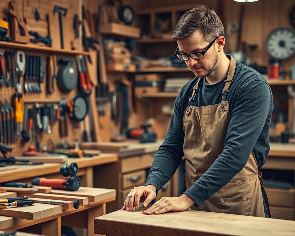 A well-lit workshop filled with carefully organized hand tools and power tools, set against a backdrop of wooden workbenches and shelves. In the foreground, a person in a protective apron and safety glasses is engaged in a woodworking task, their hands positioned correctly on the workpiece. The lighting is warm and inviting, creating a sense of focus and attention to detail. The overall atmosphere conveys a commitment to safe and responsible woodworking practices, with an emphasis on proper technique, tool usage, and personal protective equipment.