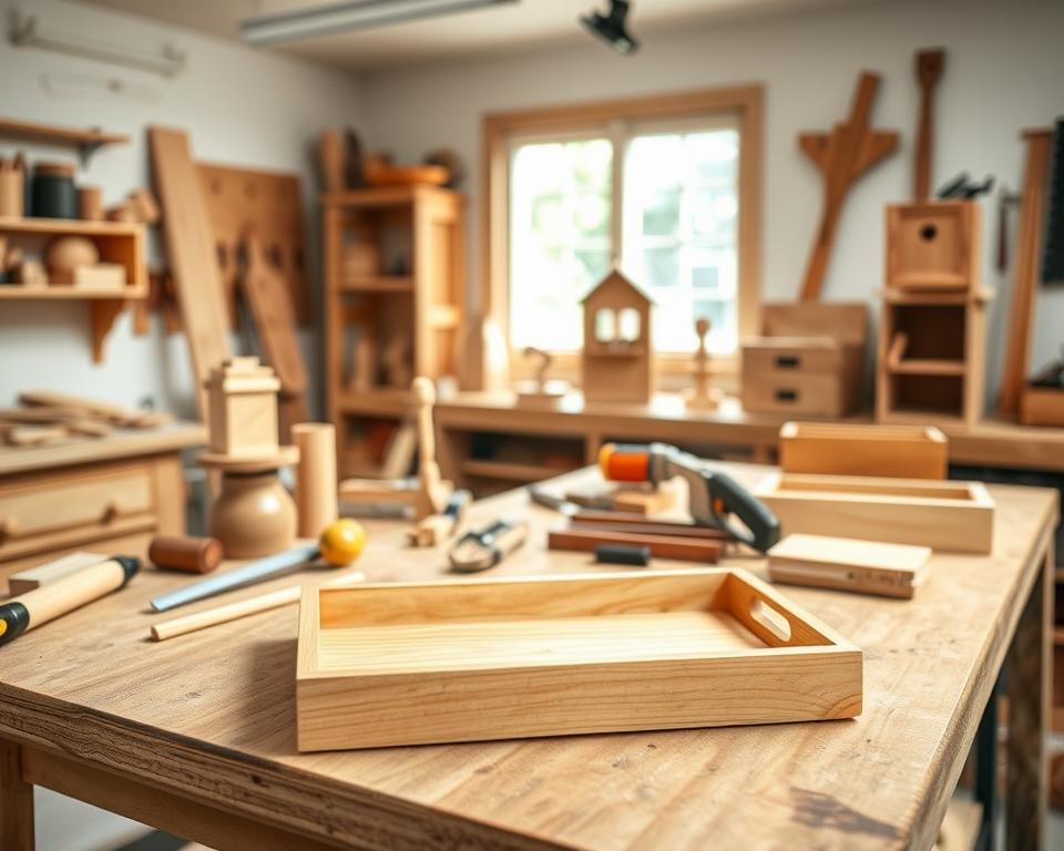 A well-lit workshop interior, showcasing a variety of beginner woodworking projects on a sturdy workbench. In the foreground, a small handcrafted wooden tray with smooth edges and a natural grain finish. Surrounding it, an assortment of simple projects like a birdhouse, a small side table, and a basic box. The middle ground features essential woodworking tools, such as a handsaw, chisel, and sandpaper, arranged neatly. In the background, a large window allows natural light to stream in, creating a warm, inviting atmosphere. The overall scene conveys a sense of creativity, learning, and the rewarding process of DIY woodworking. A well-lit workshop interior, showcasing a variety of beginner woodworking projects on a sturdy workbench. In the foreground, a small handcrafted wooden tray with smooth edges and a natural grain finish. Surrounding it, an assortment of simple projects like a birdhouse, a small side table, and a basic box. The middle ground features essential woodworking tools, such as a handsaw, chisel, and sandpaper, arranged neatly. In the background, a large window allows natural light to stream in, creating a warm, inviting atmosphere. The overall scene conveys a sense of creativity, learning, and the rewarding process of DIY woodworking.