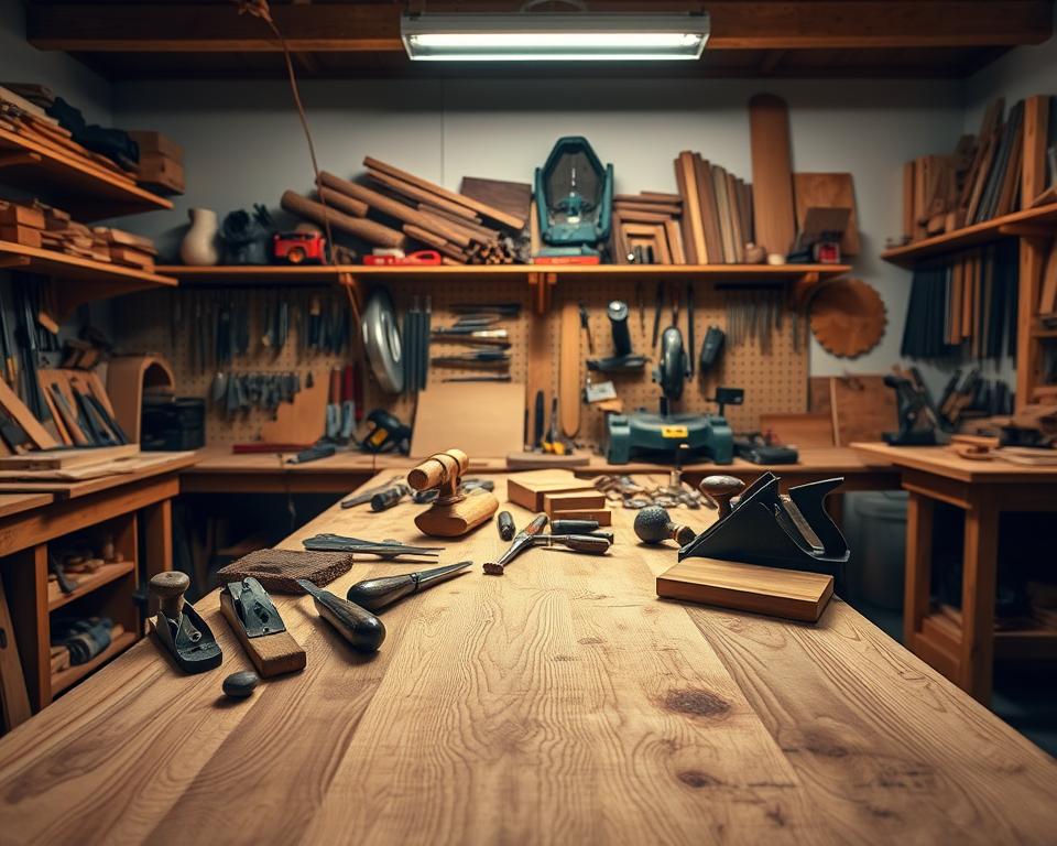 A well-lit workshop interior, with a sturdy wooden workbench in the foreground. On the bench, an array of woodworking tools and materials - chisels, planes, a miter saw, and various wood samples. In the background, shelves filled with neatly organized hand tools and power tools. Soft, directional lighting from overhead lamps casts a warm glow, highlighting the intricate grain patterns of the wooden surfaces. The overall scene conveys a sense of focus, precision, and the calm concentration required for planning and executing a successful woodworking project. A well-lit workshop interior, with a sturdy wooden workbench in the foreground. On the bench, an array of woodworking tools and materials - chisels, planes, a miter saw, and various wood samples. In the background, shelves filled with neatly organized hand tools and power tools. Soft, directional lighting from overhead lamps casts a warm glow, highlighting the intricate grain patterns of the wooden surfaces. The overall scene conveys a sense of focus, precision, and the calm concentration required for planning and executing a successful woodworking project.