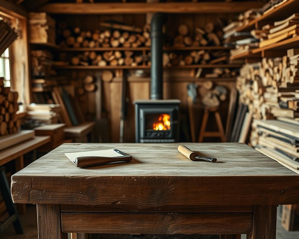 A well-lit workshop interior, with a weathered wooden workbench as the focal point. On the bench, an assortment of woodworking tools, including a chisel, sandpaper, and a small handsaw. In the background, a wood-burning stove is visible, its flickering flames casting warm, dancing shadows across the space. The walls are lined with shelves filled with various wood species, creating a sense of depth and a materials-rich environment. The overall atmosphere is one of focused problem-solving, with a touch of rustic charm and the comforting glow of the stove.