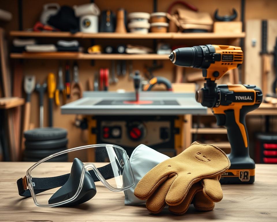 A well-lit workshop scene featuring a foreground display of essential woodworking safety equipment - a pair of safety goggles, a dust mask, and a sturdy pair of work gloves. In the middle ground, a table saw with a blade guard, and a power drill with a dust collection attachment. In the background, a neatly organized tool cabinet and shelves stocked with various woodworking tools. The scene conveys a sense of order, preparedness, and a commitment to safe practices in the pursuit of crafting. Captured with a crisp, high-resolution photographic style and a neutral color palette that highlights the functional nature of the equipment. A well-lit workshop scene featuring a foreground display of essential woodworking safety equipment - a pair of safety goggles, a dust mask, and a sturdy pair of work gloves. In the middle ground, a table saw with a blade guard, and a power drill with a dust collection attachment. In the background, a neatly organized tool cabinet and shelves stocked with various woodworking tools. The scene conveys a sense of order, preparedness, and a commitment to safe practices in the pursuit of crafting. Captured with a crisp, high-resolution photographic style and a neutral color palette that highlights the functional nature of the equipment.