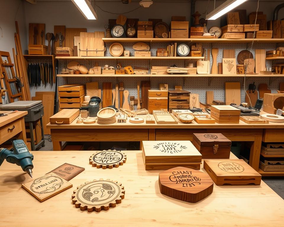A well-lit workshop with a prominent wooden workbench and various tools, including a wood burning tool, a laser engraver, and an assortment of finished wooden gifts. The foreground showcases the process of personalization, with intricate wood burning patterns and delicate laser engraved designs on an array of wooden items such as coasters, boxes, and keepsakes. The middle ground highlights the diversity of wooden objects ready for personalization, while the background features shelves displaying a collection of personalized wooden gifts, each with a unique design. The overall atmosphere conveys a sense of creativity, craftsmanship, and the joy of making personalized wooden treasures. A well-lit workshop with a prominent wooden workbench and various tools, including a wood burning tool, a laser engraver, and an assortment of finished wooden gifts. The foreground showcases the process of personalization, with intricate wood burning patterns and delicate laser engraved designs on an array of wooden items such as coasters, boxes, and keepsakes. The middle ground highlights the diversity of wooden objects ready for personalization, while the background features shelves displaying a collection of personalized wooden gifts, each with a unique design. The overall atmosphere conveys a sense of creativity, craftsmanship, and the joy of making personalized wooden treasures.
