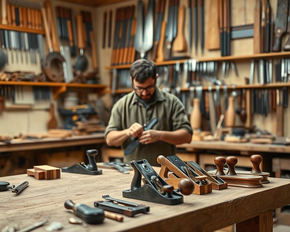 A well-lit workshop with a sturdy workbench in the foreground, showcasing a variety of woodworking tools meticulously arranged. In the middle ground, a skilled artisan diligently cleaning and maintaining a hand plane, their focused expression reflecting the importance of this task. The background features an array of neatly organized shelves, housing an assortment of chisels, saws, and other essential tools, all in pristine condition. The scene conveys a sense of order, attention to detail, and the crucial role of tool maintenance in the pursuit of exceptional woodworking.