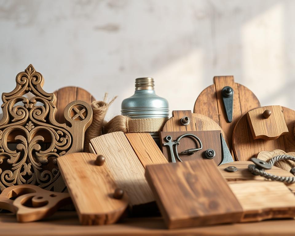 Decorative pallet wood elements, rustic and charming, artfully arranged in the foreground. Intricate carvings, distressed textures, and natural wood tones create a warm, handcrafted aesthetic. In the middle ground, a mix of complementary accents like galvanized metal, jute, and vintage-inspired hardware add depth and visual interest. The background features a softly blurred, neutral backdrop, allowing the crafted pieces to take center stage. Gentle side lighting casts subtle shadows, highlighting the tactile qualities of the materials. An overall mood of homespun elegance and attention to detail, suitable for a DIY pallet wood project. Decorative pallet wood elements, rustic and charming, artfully arranged in the foreground. Intricate carvings, distressed textures, and natural wood tones create a warm, handcrafted aesthetic. In the middle ground, a mix of complementary accents like galvanized metal, jute, and vintage-inspired hardware add depth and visual interest. The background features a softly blurred, neutral backdrop, allowing the crafted pieces to take center stage. Gentle side lighting casts subtle shadows, highlighting the tactile qualities of the materials. An overall mood of homespun elegance and attention to detail, suitable for a DIY pallet wood project.