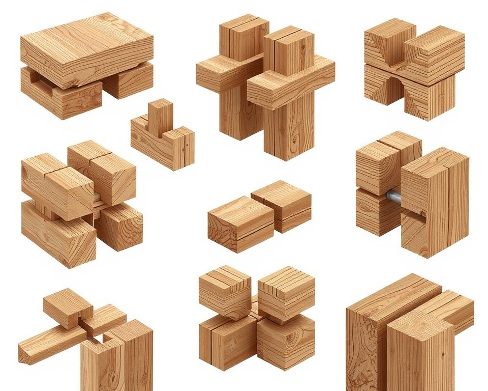 Detailed technical illustration of various woodworking joints used for joining reclaimed wood, shot against a plain white background. Crisp focus, even lighting from multiple angles to showcase the intricate joinery techniques. Emphasis on mortise and tenon, dovetail, dowel, and finger joints commonly employed in reclaimed wood furniture and construction. Exploded 3D views and cross-sections to reveal the internal structure. Textured wooden surfaces with natural knots, grains, and distress marks visible. Muted earthy color palette, conveying the rustic, handcrafted aesthetic of working with reclaimed materials. Detailed technical illustration of various woodworking joints used for joining reclaimed wood, shot against a plain white background. Crisp focus, even lighting from multiple angles to showcase the intricate joinery techniques. Emphasis on mortise and tenon, dovetail, dowel, and finger joints commonly employed in reclaimed wood furniture and construction. Exploded 3D views and cross-sections to reveal the internal structure. Textured wooden surfaces with natural knots, grains, and distress marks visible. Muted earthy color palette, conveying the rustic, handcrafted aesthetic of working with reclaimed materials.