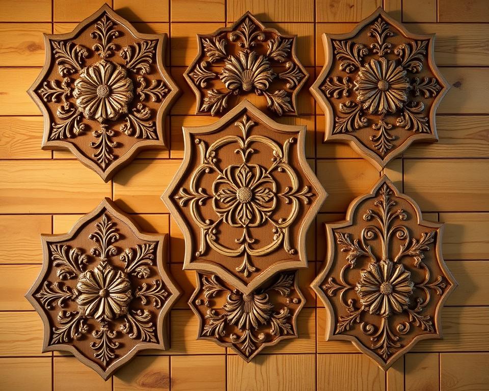Detailed wooden plaques with intricate custom carvings, handcrafted from rustic pine and oak. A centerpiece for home decor, showcasing delicate floral motifs, geometric patterns, or nature-inspired designs. Warm, soft lighting casts a golden glow, highlighting the natural wood grain and skilled craftsmanship. The plaques are arranged on a wood-paneled wall, creating a charming, rustic ambiance. The overall scene conveys a sense of artisanal quality, creativity, and a touch of farmhouse-inspired elegance. Detailed wooden plaques with intricate custom carvings, handcrafted from rustic pine and oak. A centerpiece for home decor, showcasing delicate floral motifs, geometric patterns, or nature-inspired designs. Warm, soft lighting casts a golden glow, highlighting the natural wood grain and skilled craftsmanship. The plaques are arranged on a wood-paneled wall, creating a charming, rustic ambiance. The overall scene conveys a sense of artisanal quality, creativity, and a touch of farmhouse-inspired elegance.
