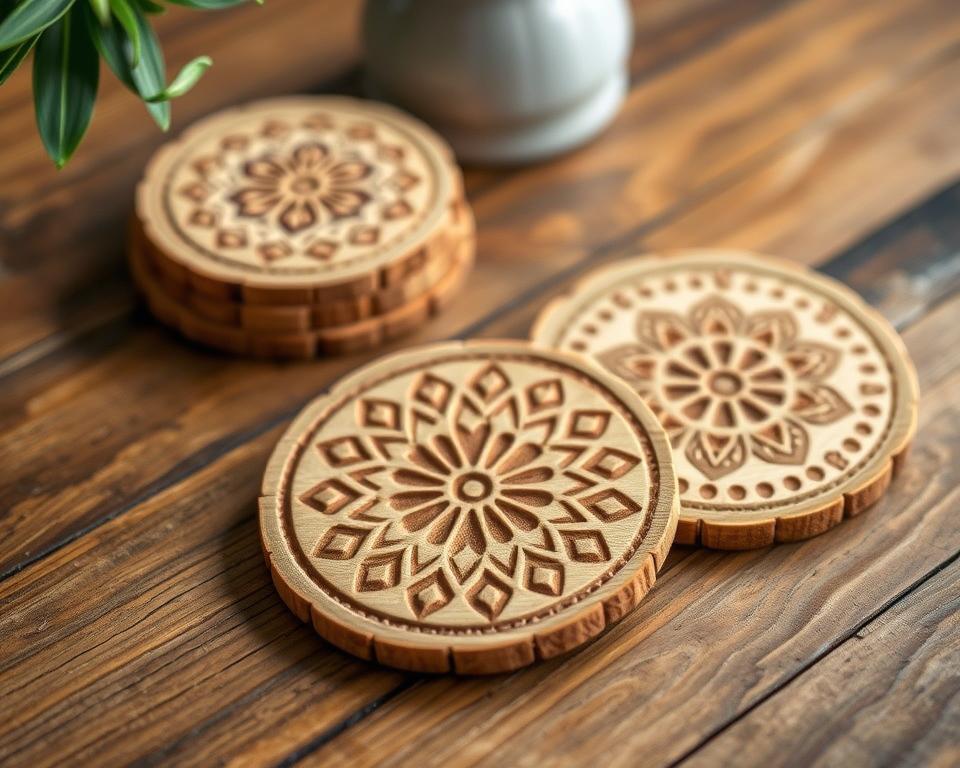 Eco-friendly coasters crafted from natural materials, arranged on a rustic wooden table. The coasters feature intricate designs carved into their surfaces, evoking a sense of handmade charm. Soft, diffused lighting casts warm tones, highlighting the organic textures and earthy hues of the coasters. The composition emphasizes simplicity and sustainability, showcasing how practical, beautiful, and environmentally conscious home decor can be achieved. Eco-friendly coasters crafted from natural materials, arranged on a rustic wooden table. The coasters feature intricate designs carved into their surfaces, evoking a sense of handmade charm. Soft, diffused lighting casts warm tones, highlighting the organic textures and earthy hues of the coasters. The composition emphasizes simplicity and sustainability, showcasing how practical, beautiful, and environmentally conscious home decor can be achieved.