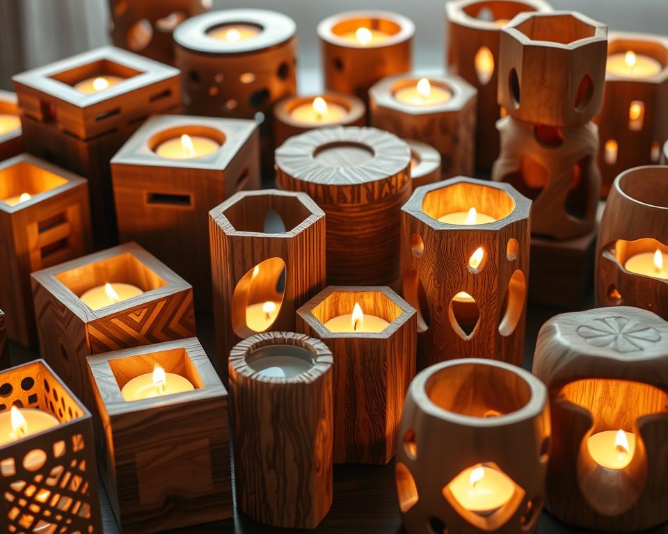 Intricate wooden candle holders in various geometric patterns, textures, and organic shapes fill the frame. Warm, soft lighting emanates from the flickering flames, casting gentle shadows and highlights. The designs range from minimalist square and cylindrical forms to more elaborate, sculptural pieces with carved grooves, ridges, and cutouts. The candle holders are arranged in a visually balanced composition, highlighting the craftsmanship and creativity of the pieces. The background is blurred, allowing the focus to remain on the unique, handcrafted candle holder designs. Intricate wooden candle holders in various geometric patterns, textures, and organic shapes fill the frame. Warm, soft lighting emanates from the flickering flames, casting gentle shadows and highlights. The designs range from minimalist square and cylindrical forms to more elaborate, sculptural pieces with carved grooves, ridges, and cutouts. The candle holders are arranged in a visually balanced composition, highlighting the craftsmanship and creativity of the pieces. The background is blurred, allowing the focus to remain on the unique, handcrafted candle holder designs.