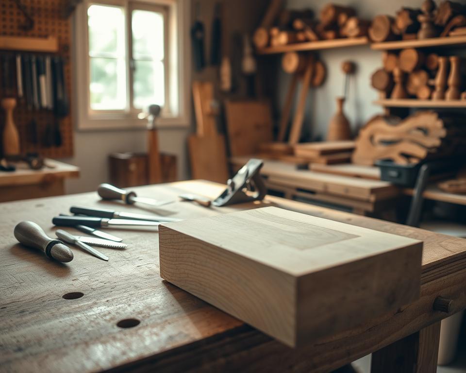 Preparing wood for carving: a serene workshop scene, soft natural light filtering through a window, casting warm shadows on a sturdy workbench. On the surface, an assortment of woodworking tools - chisels, files, and a sharp hand plane. In the foreground, a block of freshly sanded wood, its grain inviting the touch of the skilled carver. The atmosphere is one of focused contemplation, where the rhythmic motions of shaping the wood create a meditative experience. The background hints at the tools of the trade - a pegboard displaying an array of carving implements, shelves lined with various types of wood, each with its own unique character. This image captures the essence of the patient, deliberate process of preparing the canvas for the carver's artistic expression.